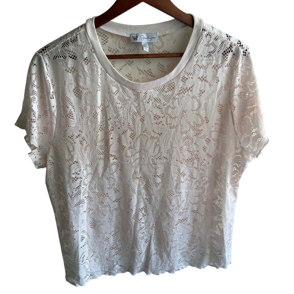 Jessica Simpson Lace Top Women XL Ivory Excellent Short Sleeve Floral Crew Neck